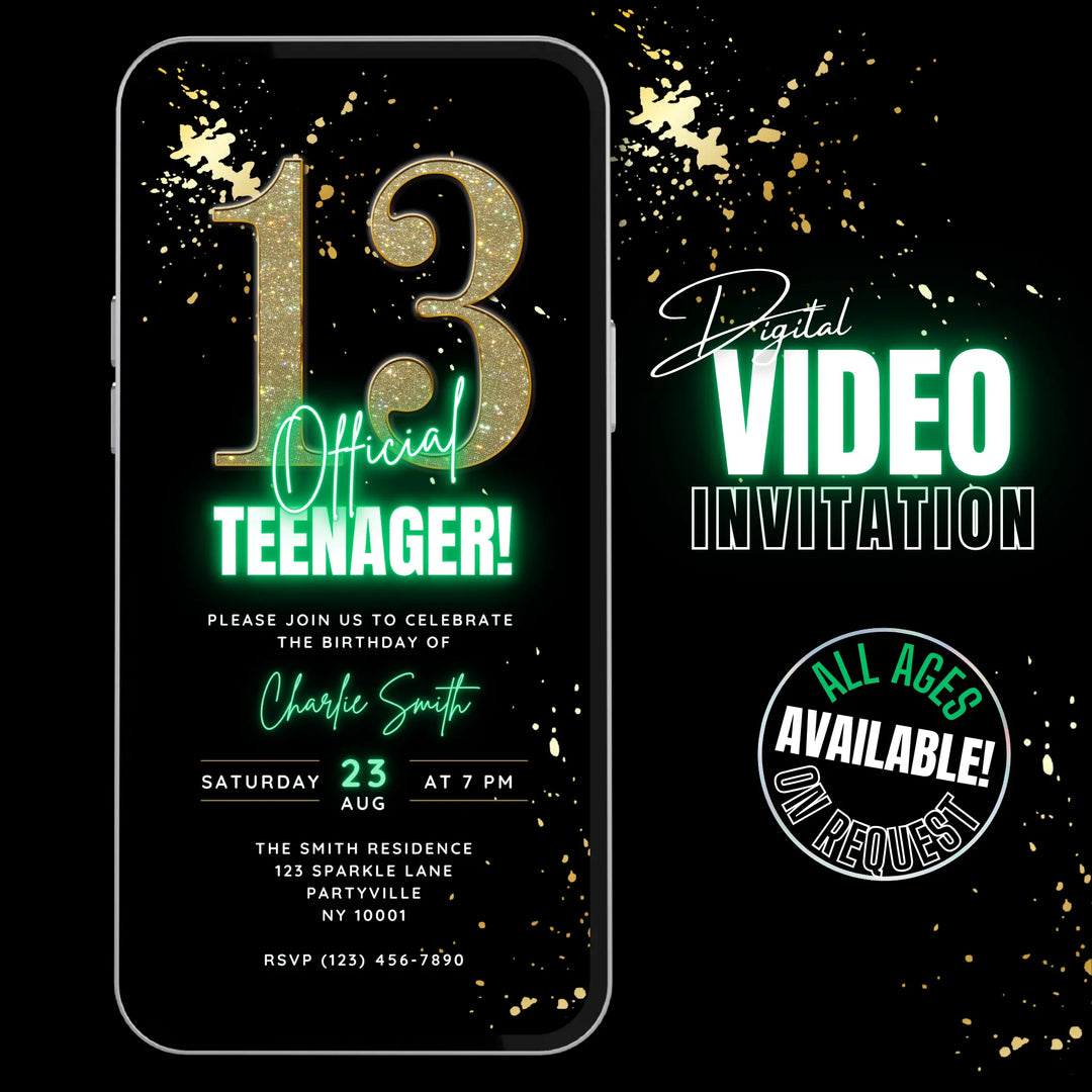 Green 13th Birthday Invitation – Official Teenager Digital Party Invite | Editable Canva Template