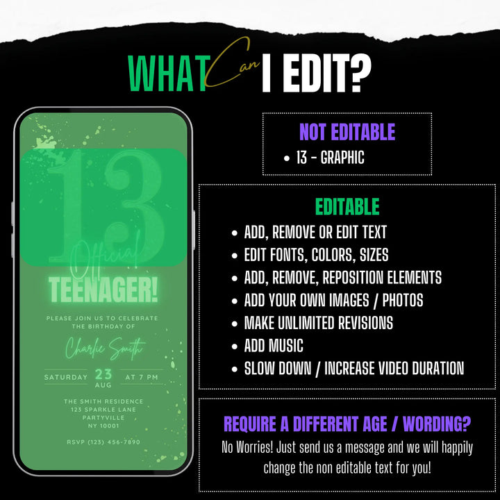 Green 13th Birthday Invitation – Official Teenager Digital Party Invite | Editable Canva Template