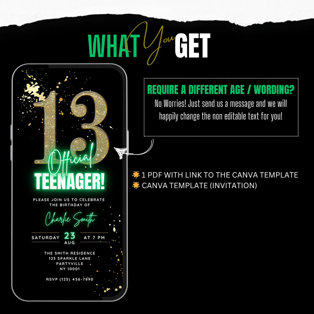 Green 13th Birthday Invitation – Official Teenager Digital Party Invite | Editable Canva Template