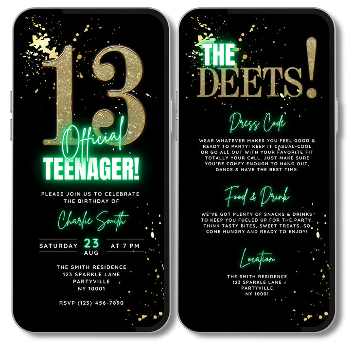 Editable Green 13th Birthday Invitation | Official Teenager Party Digital Invite
