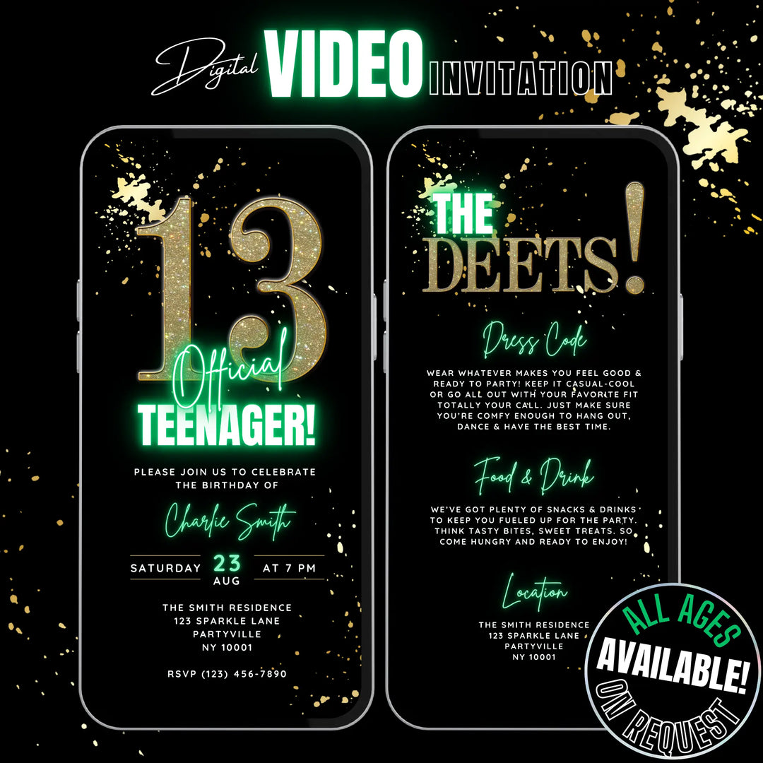 Editable Green 13th Birthday Invitation | Official Teenager Party Digital Invite
