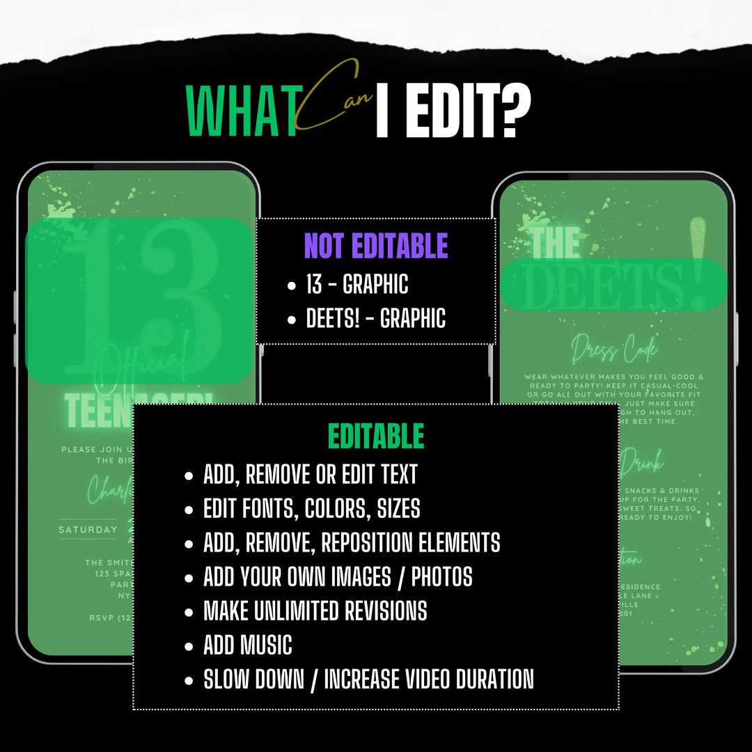 Editable Green 13th Birthday Invitation | Official Teenager Party Digital Invite