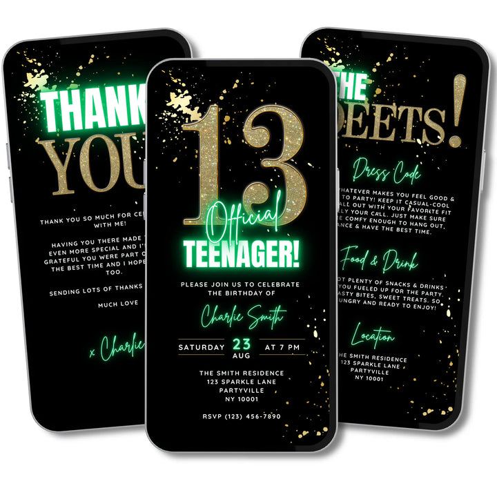 Green 13th Birthday Invitation – Official Teenager Party Invite| Editable Canva Template