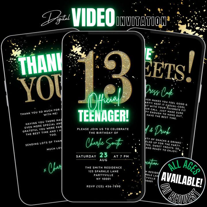 Green 13th Birthday Invitation – Official Teenager Party Invite| Editable Canva Template
