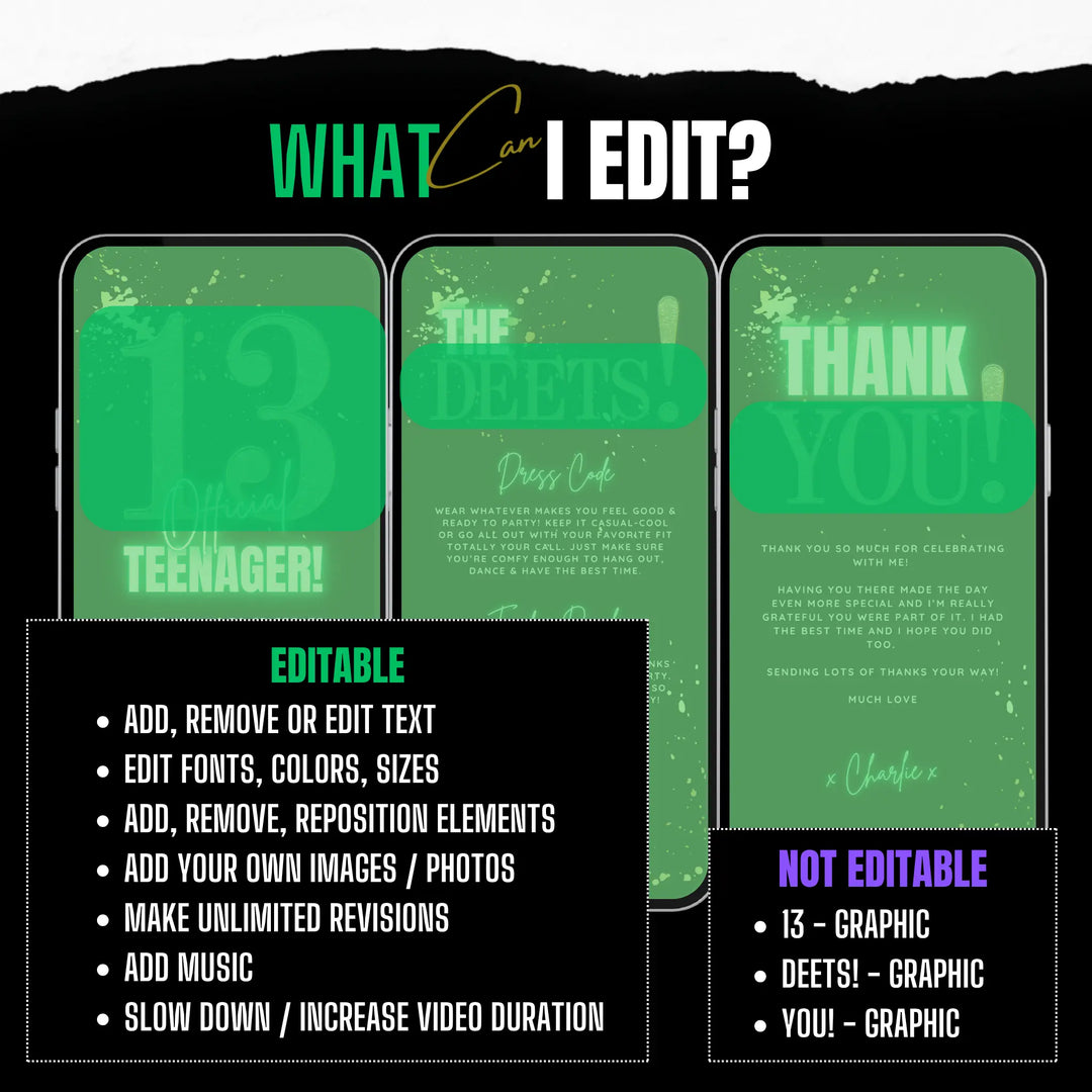 Green 13th Birthday Invitation – Official Teenager Party Invite| Editable Canva Template