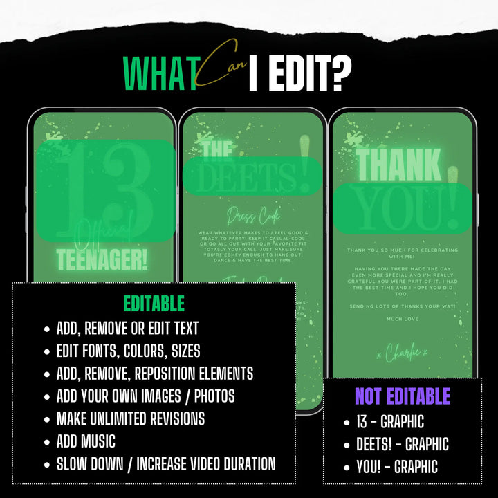 Green 13th Birthday Invitation – Official Teenager Party Invite| Editable Canva Template