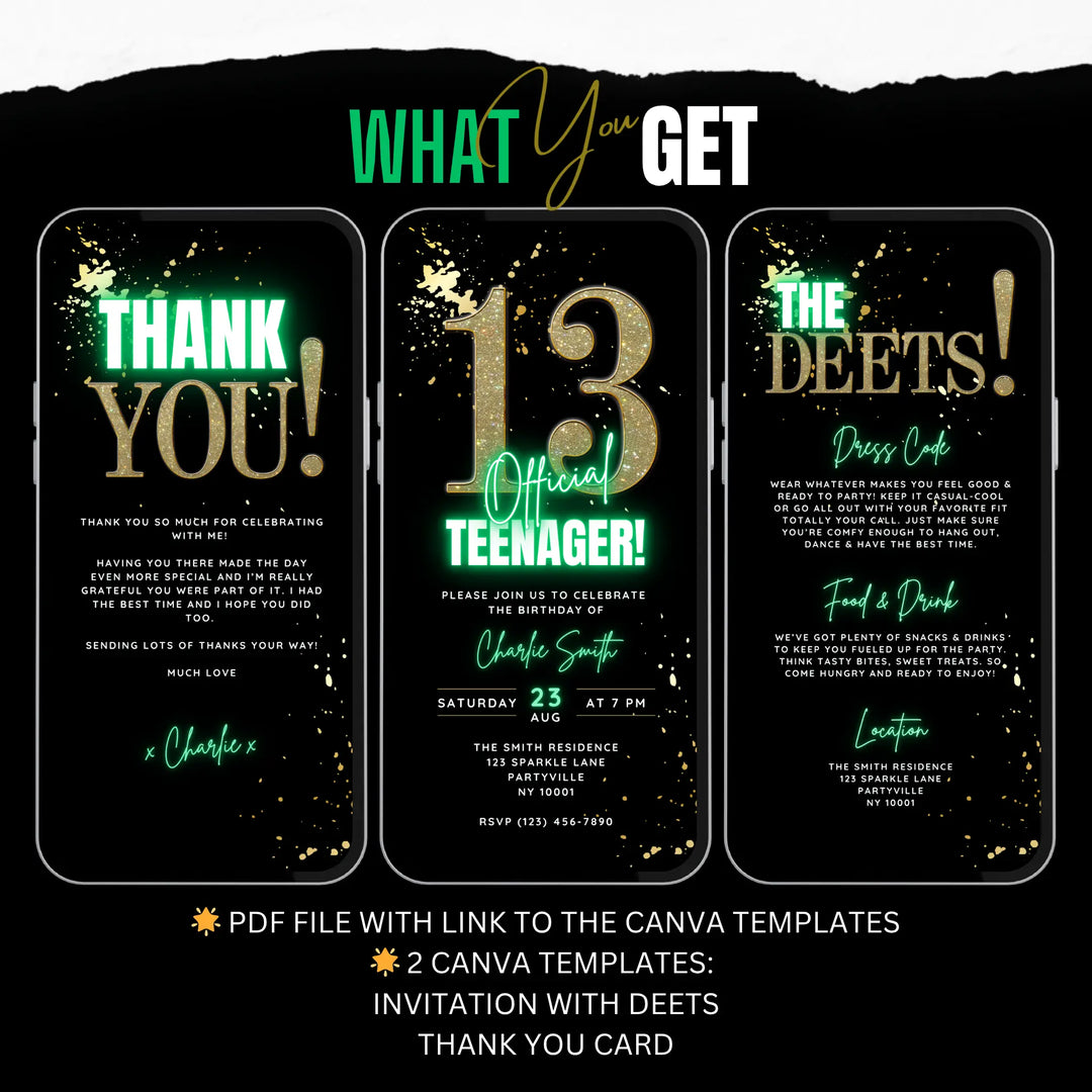 Green 13th Birthday Invitation – Official Teenager Party Invite| Editable Canva Template