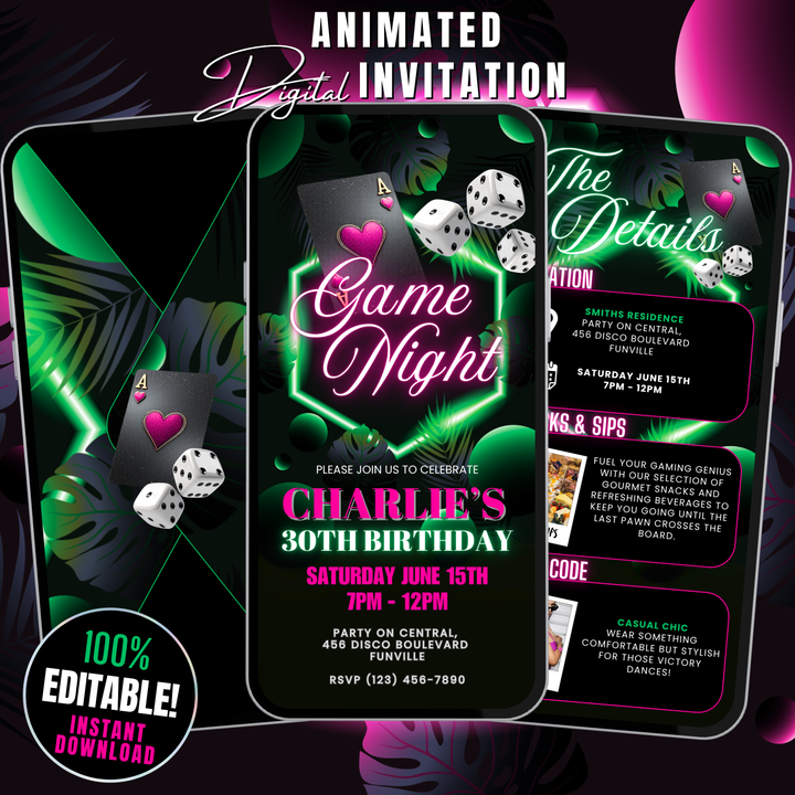 Birthday Game Night Invitation with Details – Neon Tropical Poker Party or Casino Night Digital Invite Template
