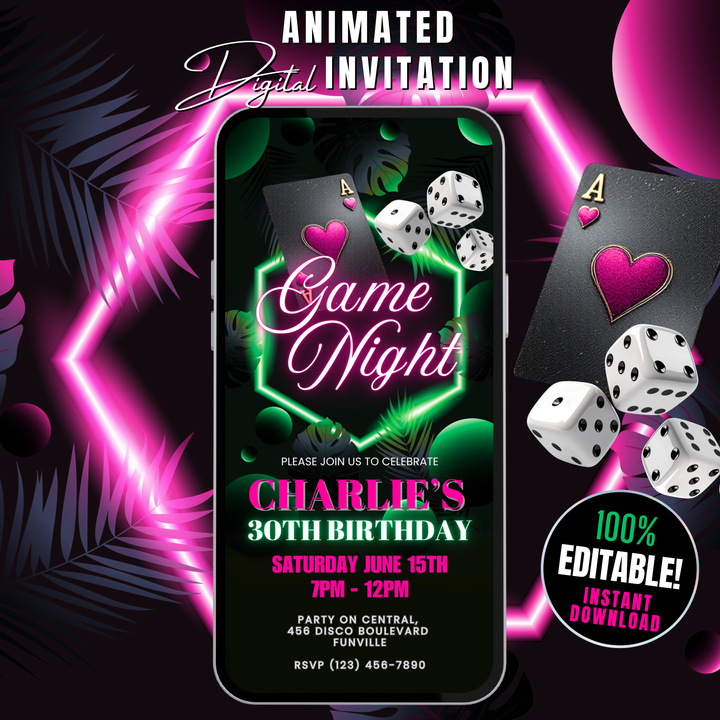 Birthday Game Night Invitation – Neon Tropical Casino or Poker Night Digital Invite Template