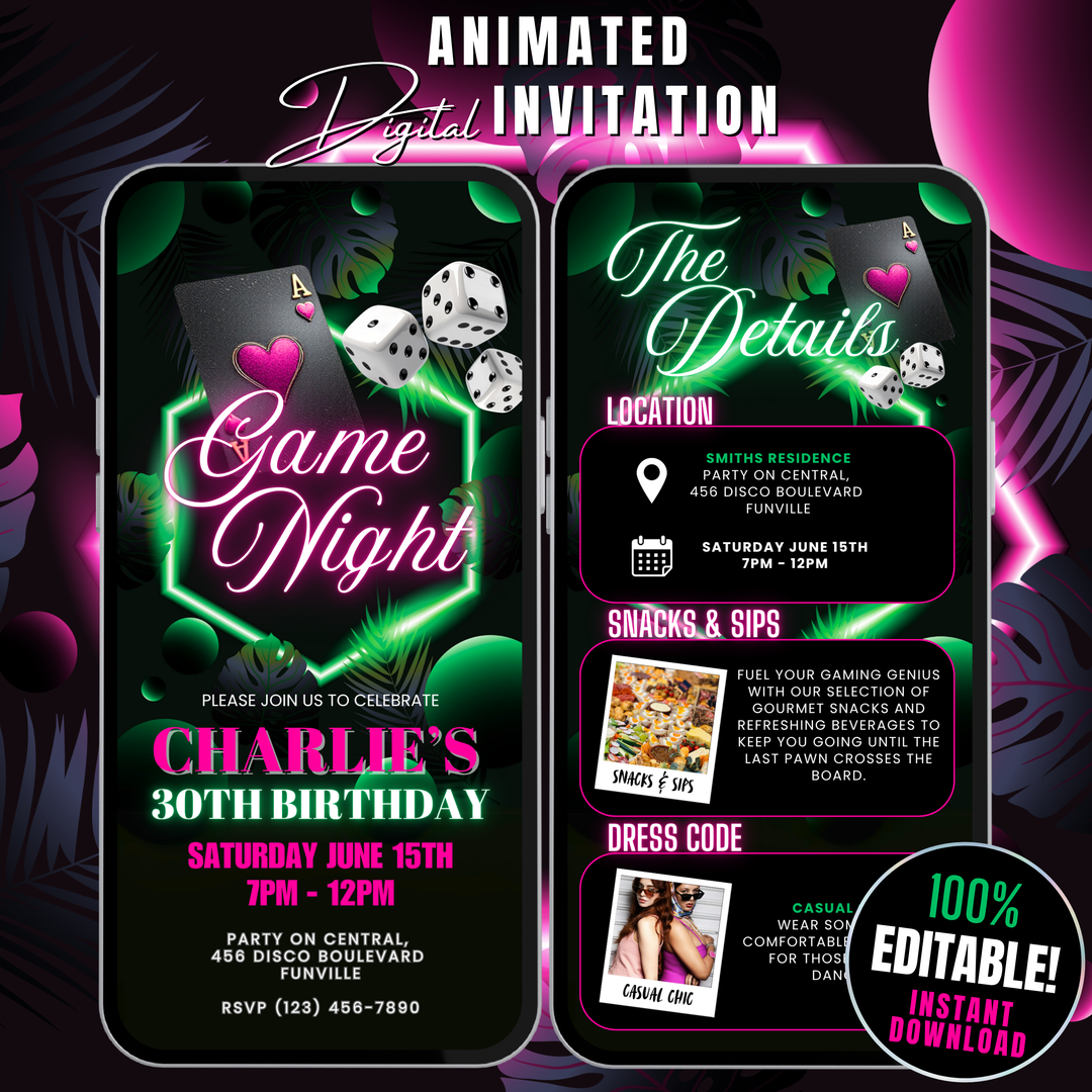 Birthday Game Night Invitation with Details – Neon Tropical Poker or Casino Night Digital Invite Template