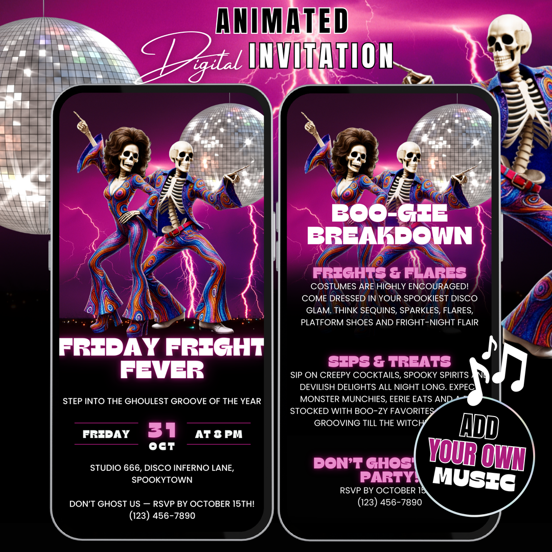 Groovy Halloween Invitation with Details – Retro Friday Fright Fever Disco Party Digital Invite Template