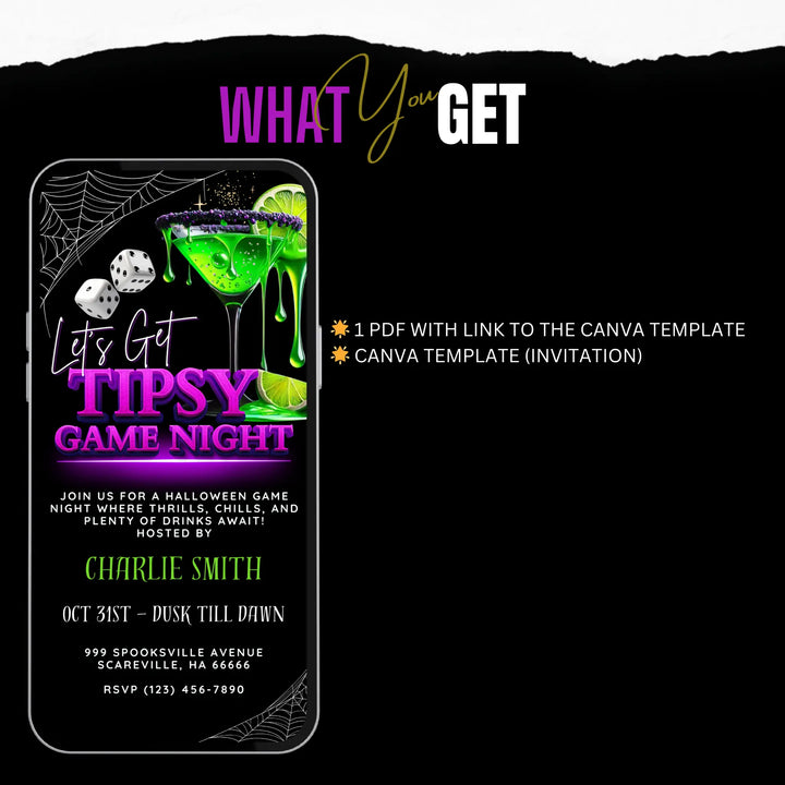 Lets Get Tipsy Halloween Game Night Invitation – Digital Halloween Party Invite Template