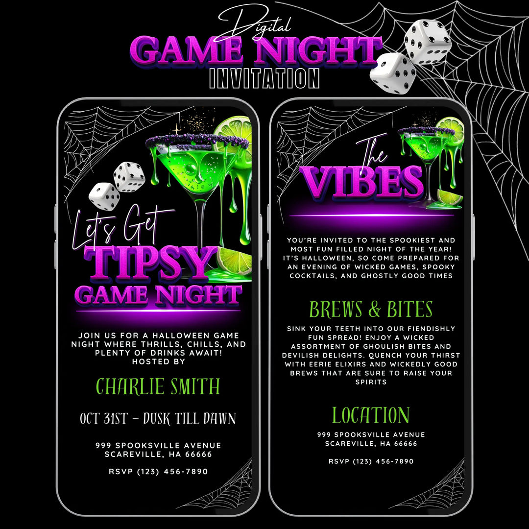 Lets Get Tipsy Halloween Game Night Invitation with Vibes – Digital Halloween Party Invitation Template