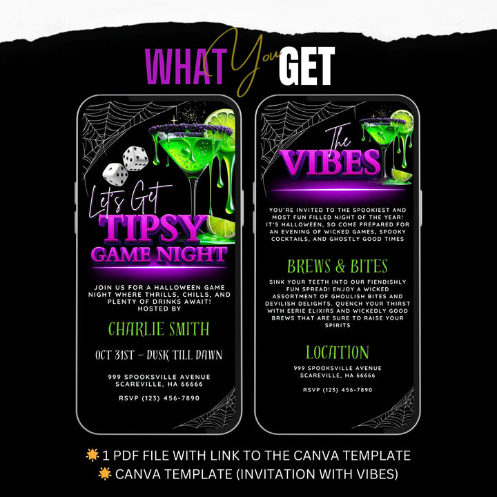 Lets Get Tipsy Halloween Game Night Invitation with Vibes – Digital Halloween Party Invitation Template