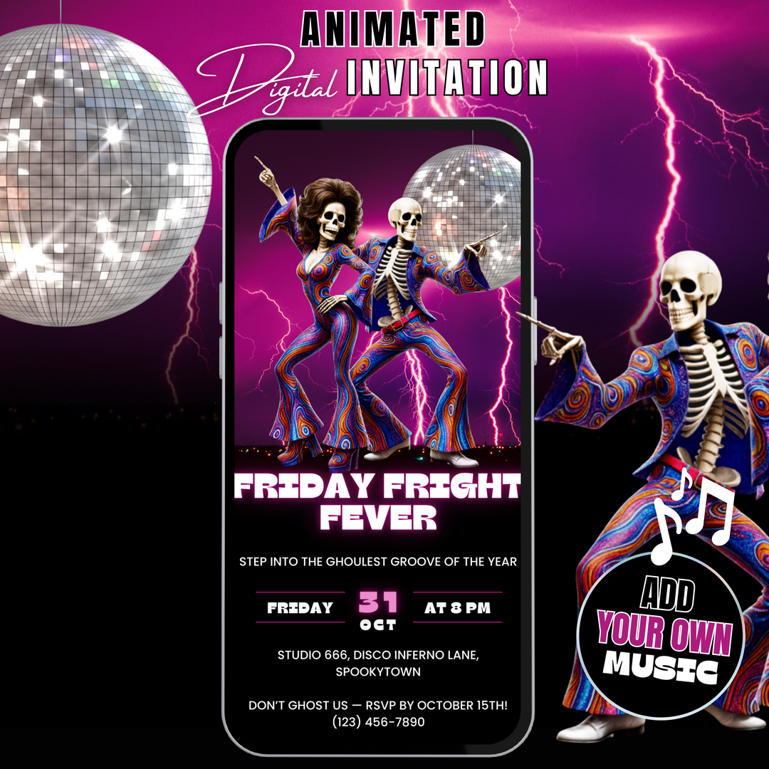 Groovy Halloween Invitation – Friday Fright Fever Disco Party Digital Invite Template