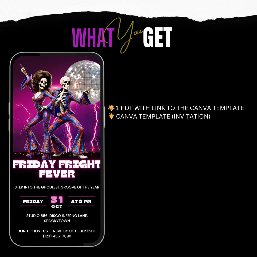 Groovy Halloween Invitation – Friday Fright Fever Disco Party Digital Invite Template
