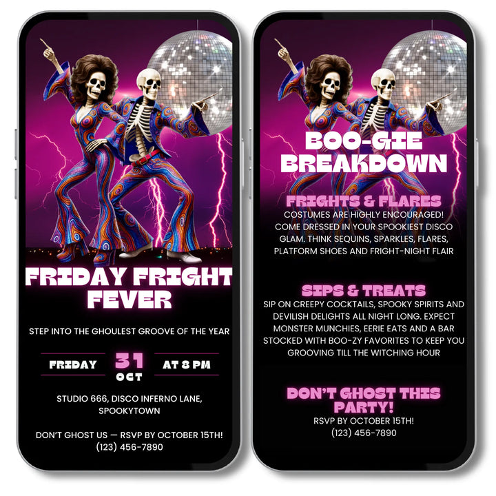 Groovy Halloween Invitation with Details – Retro Friday Fright Fever Disco Party Digital Invite Template