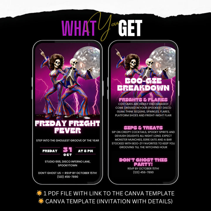 Groovy Halloween Invitation with Details – Retro Friday Fright Fever Disco Party Digital Invite Template