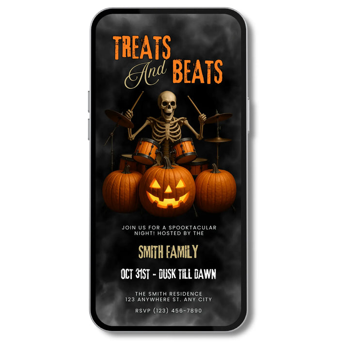 Treats and Beats Halloween Party Invitation – Digital Skeleton Drummer Invite Template