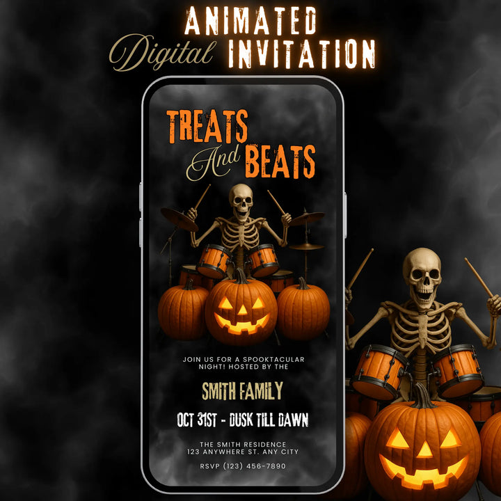 Treats and Beats Halloween Party Invitation – Digital Skeleton Drummer Invite Template