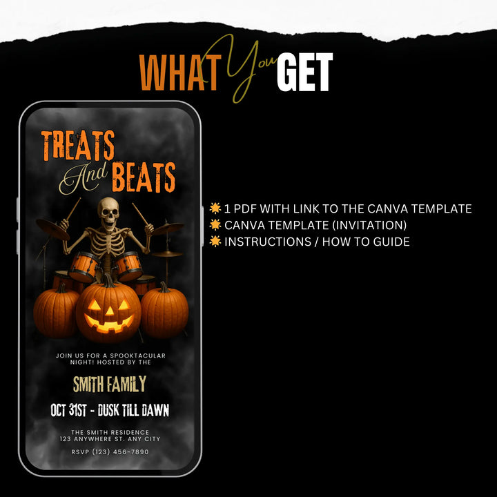 Treats and Beats Halloween Party Invitation – Digital Skeleton Drummer Invite Template
