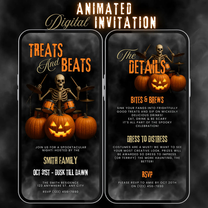 Treats and Beats Halloween Party Invite – Digital Skeleton Drummer Invitation Template