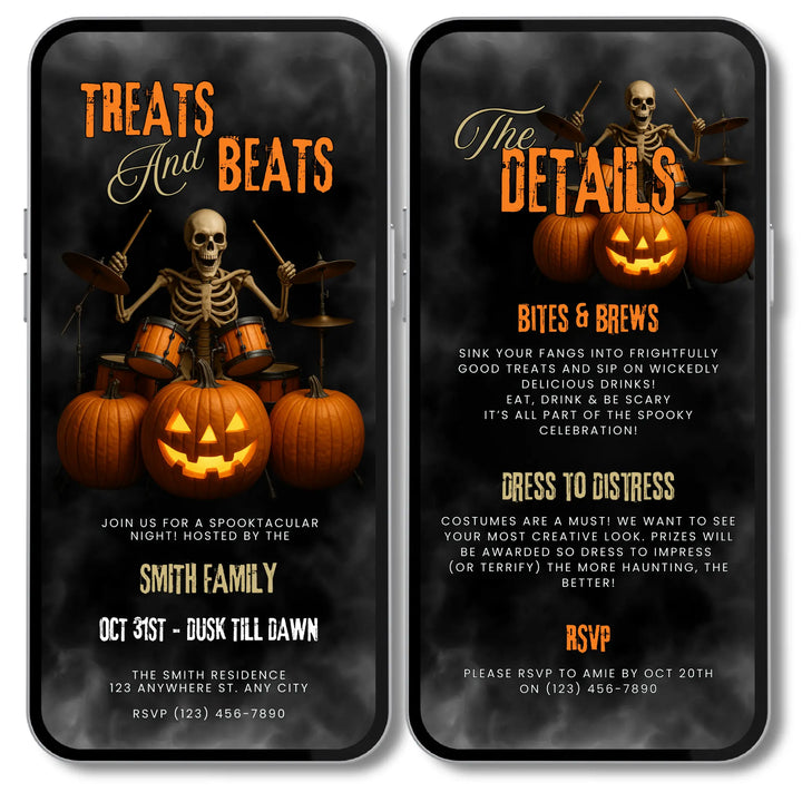 Treats and Beats Halloween Party Invite – Digital Skeleton Drummer Invitation Template