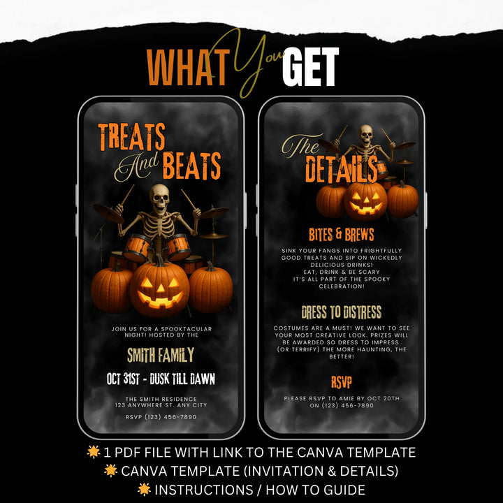 Treats and Beats Halloween Party Invite – Digital Skeleton Drummer Invitation Template