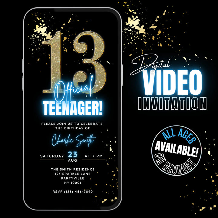 Blue 13th Birthday Invitation – Official Teenager Digital Party Invite | Editable Canva Template