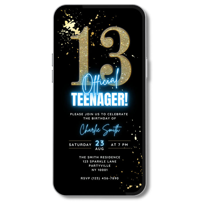 Blue 13th Birthday Invitation – Official Teenager Digital Party Invite | Editable Canva Template