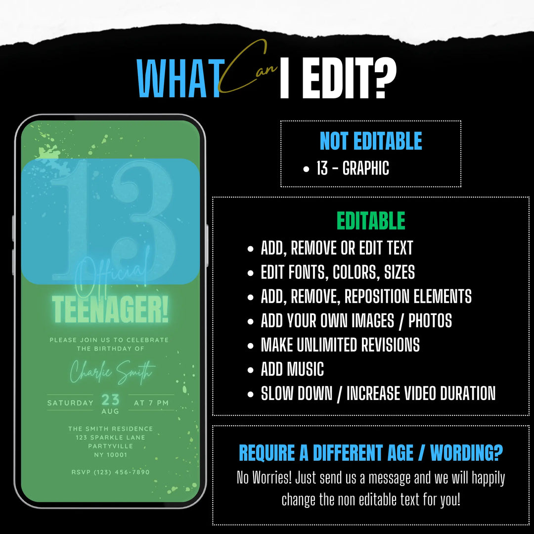 Blue 13th Birthday Invitation – Official Teenager Digital Party Invite | Editable Canva Template