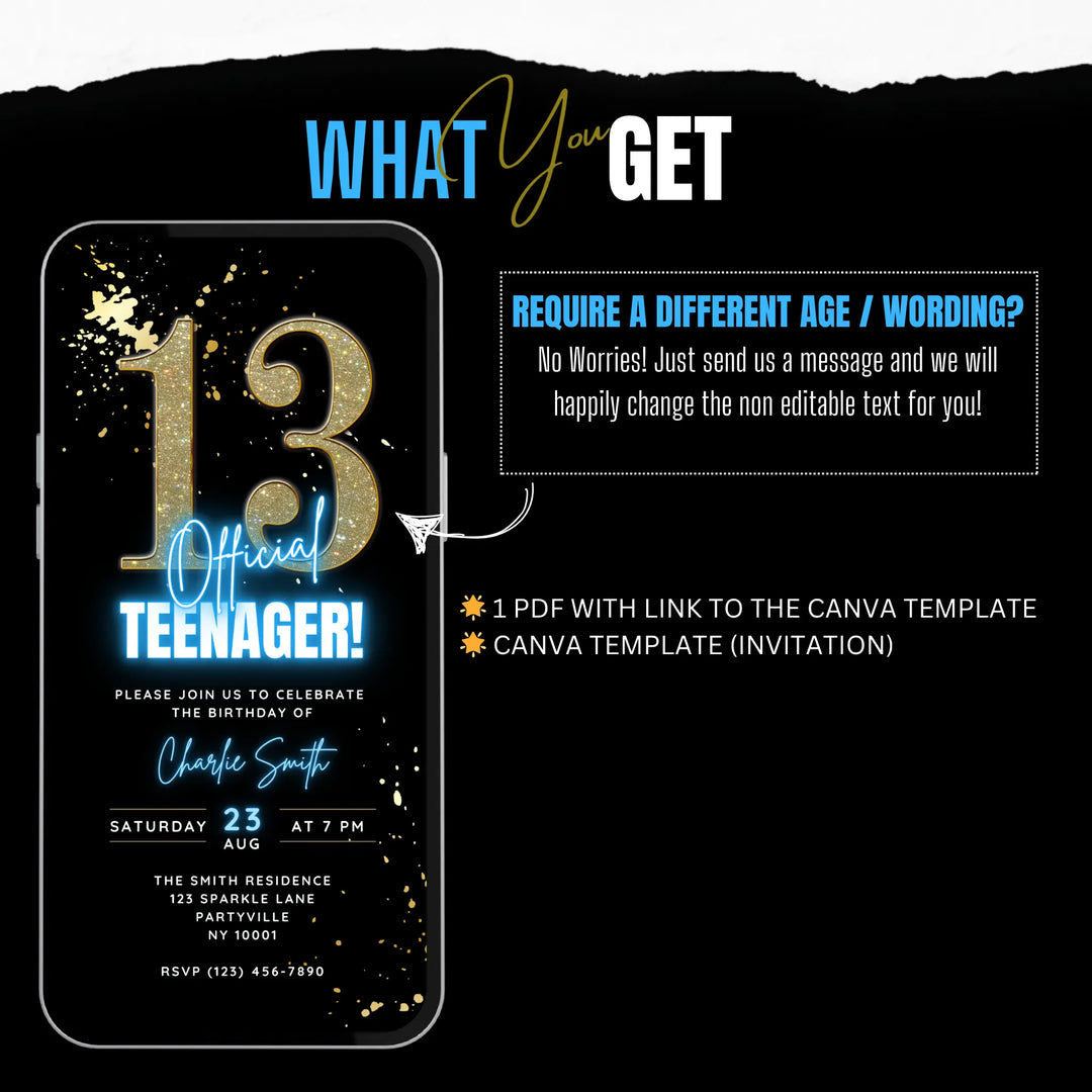 Blue 13th Birthday Invitation – Official Teenager Digital Party Invite | Editable Canva Template