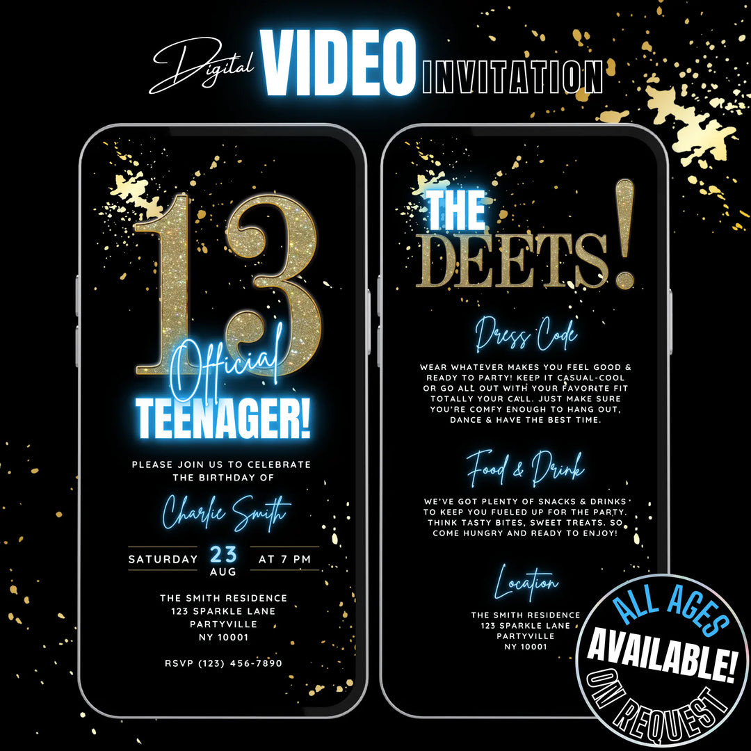 Editable Blue 13th Birthday Invitation | Official Teenager Party Digital Invite