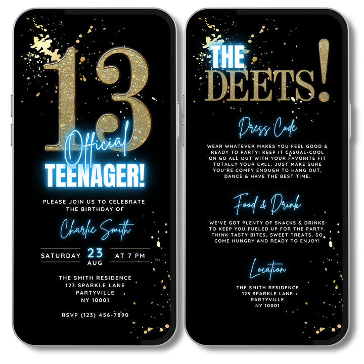 Editable Blue 13th Birthday Invitation | Official Teenager Party Digital Invite