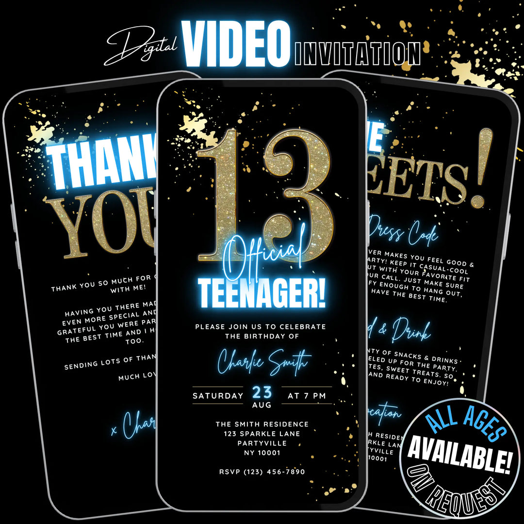 Blue 13th Birthday Invitation – Official Teenager Party Invite| Editable Canva Template
