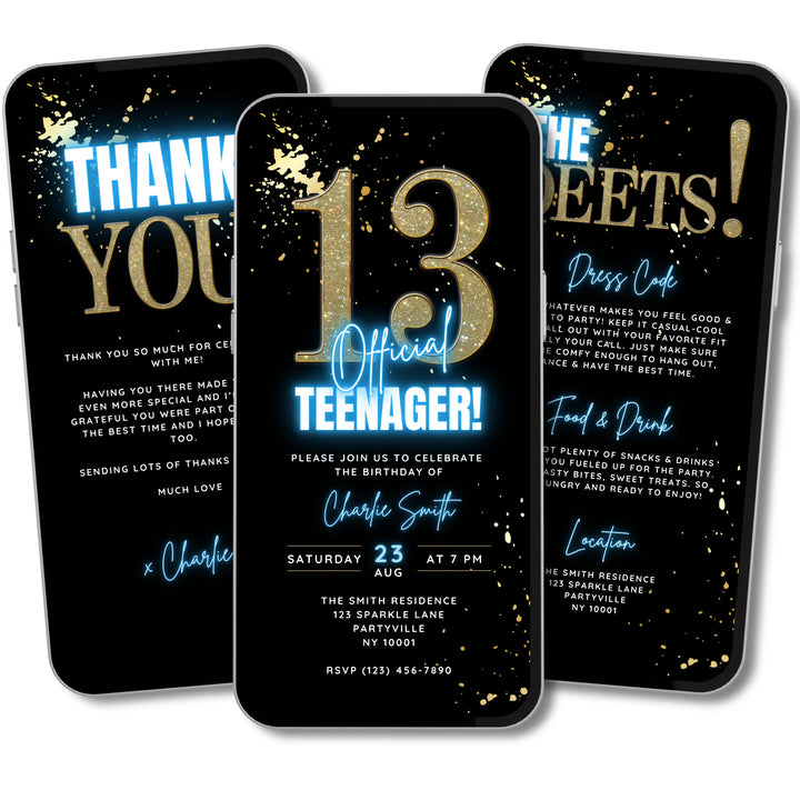 Blue 13th Birthday Invitation – Official Teenager Party Invite| Editable Canva Template