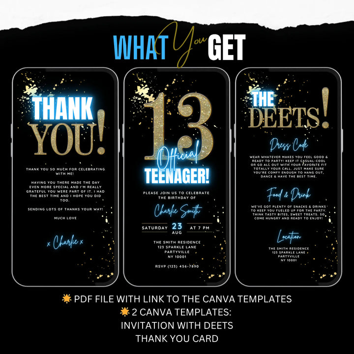 Blue 13th Birthday Invitation – Official Teenager Party Invite| Editable Canva Template