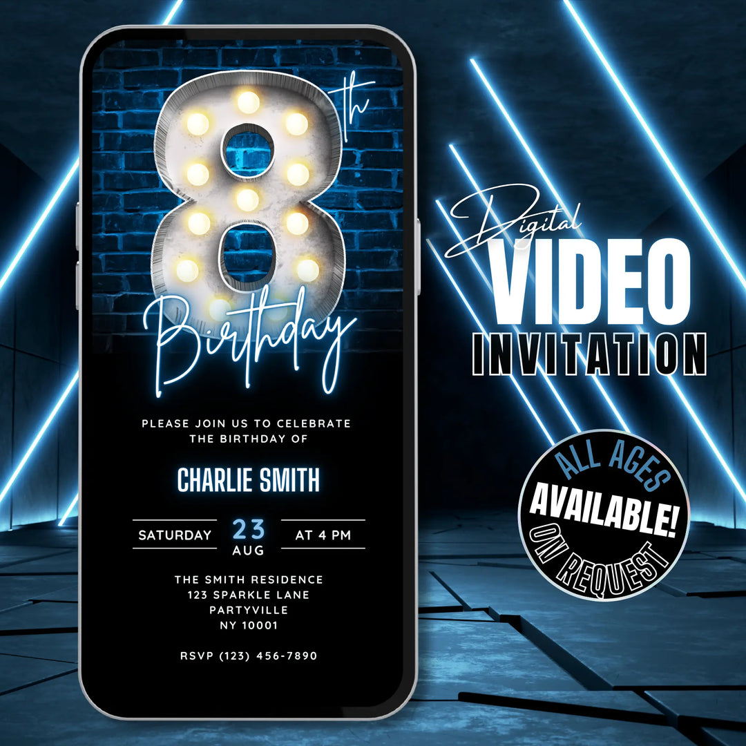 Blue 8th Birthday Invitation | Digital Birthday Party Invite Boys | Editable Canva Template