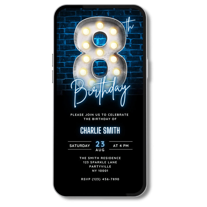 Blue 8th Birthday Invitation | Digital Birthday Party Invite Boys | Editable Canva Template
