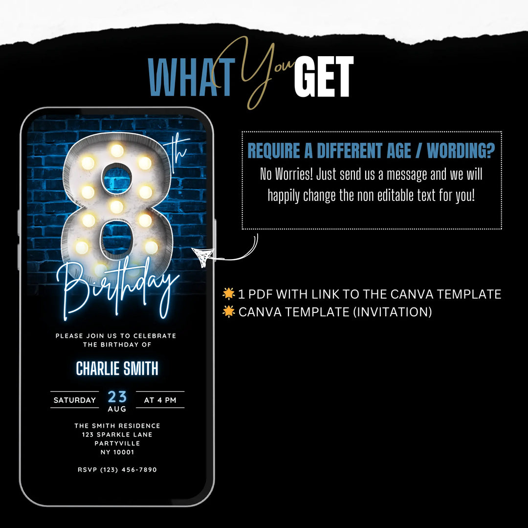 Blue 8th Birthday Invitation | Digital Birthday Party Invite Boys | Editable Canva Template