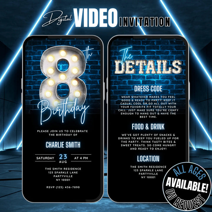 Blue 8th Birthday Invitation | Boys Bday Video Invite | Digital Editable Canva Template