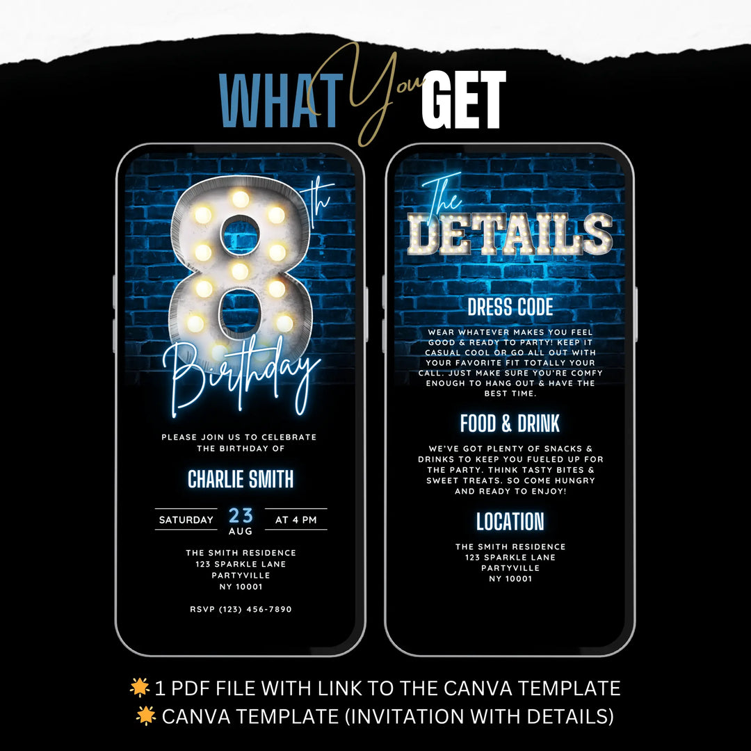 Blue 8th Birthday Invitation | Boys Bday Video Invite | Digital Editable Canva Template