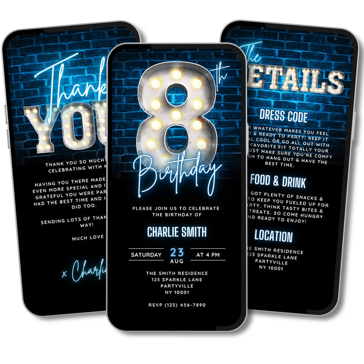 Boys Blue 8th Birthday Invitation | Digital kids Bday Party Invite | Editable Canva Template