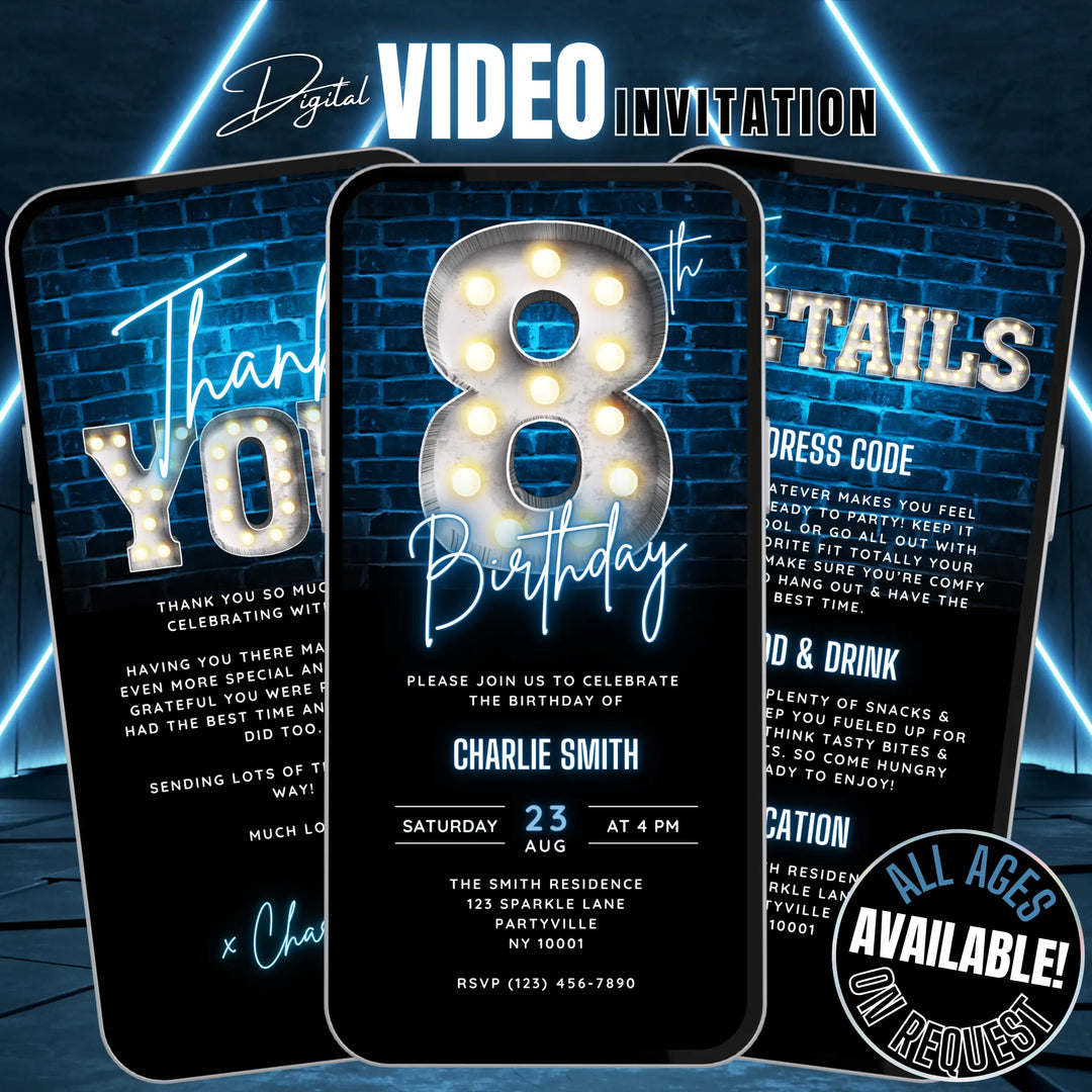 Boys Blue 8th Birthday Invitation | Digital kids Bday Party Invite | Editable Canva Template