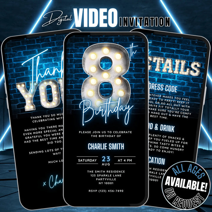 Boys Blue 8th Birthday Invitation | Digital kids Bday Party Invite | Editable Canva Template