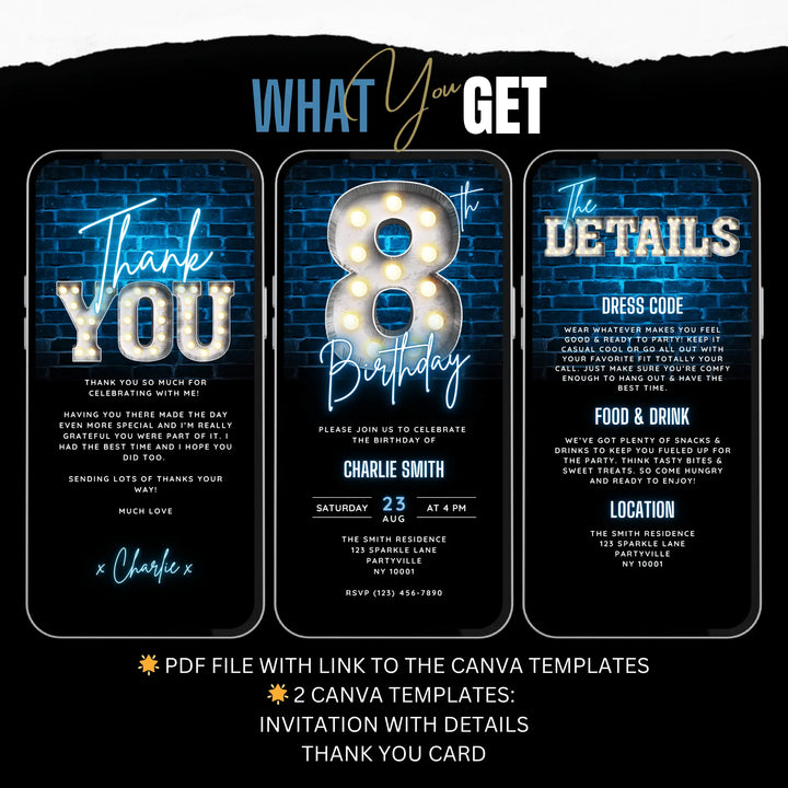 Boys Blue 8th Birthday Invitation | Digital kids Bday Party Invite | Editable Canva Template