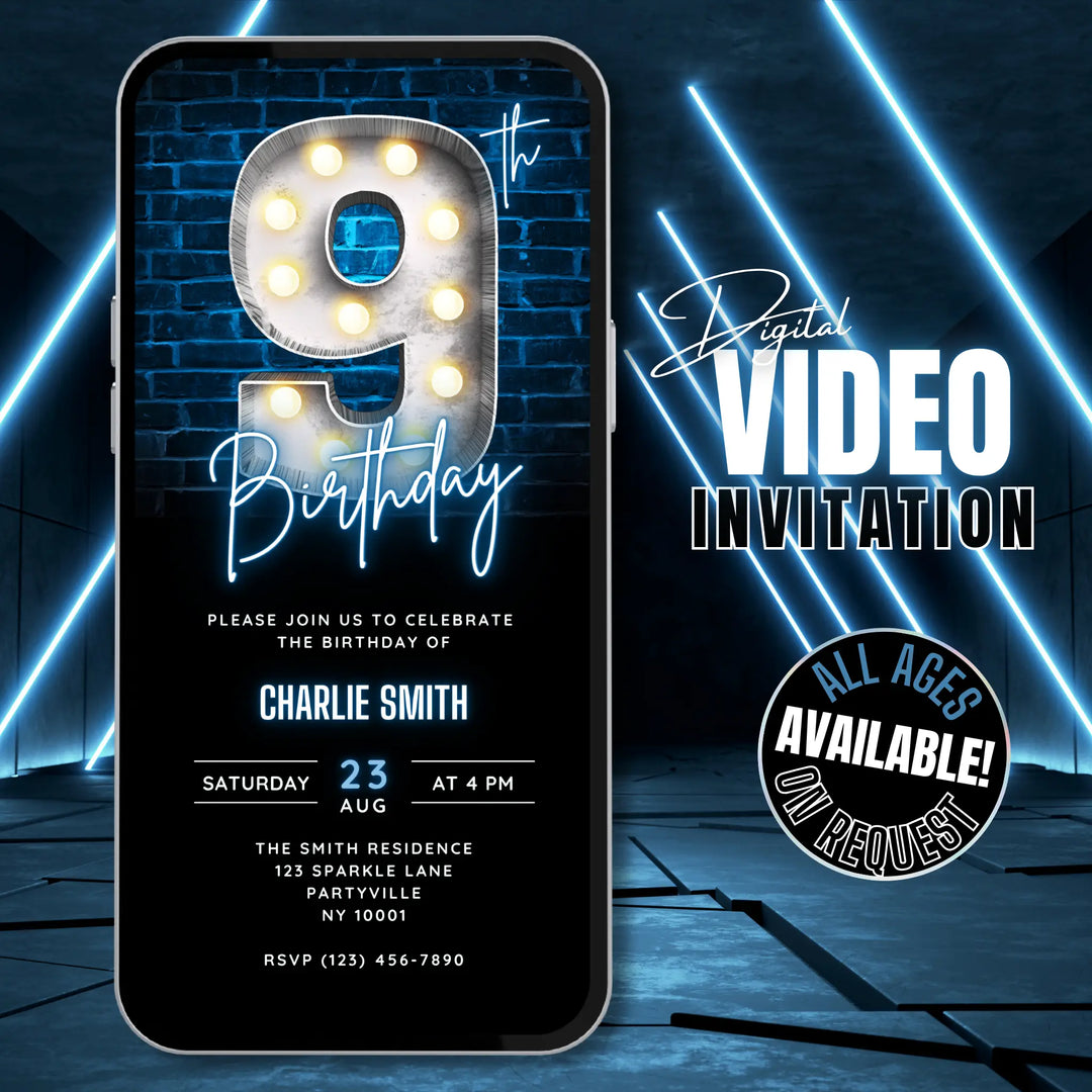 Neon Blue 9th Birthday Invitation | Digital Birthday Party Invite | Editable Canva Template