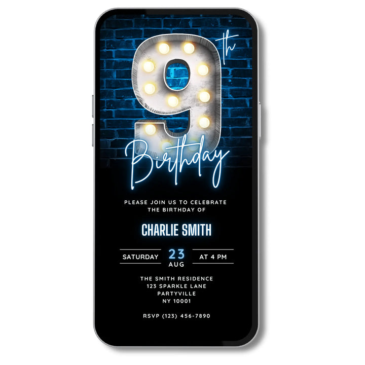 Neon Blue 9th Birthday Invitation | Digital Birthday Party Invite | Editable Canva Template