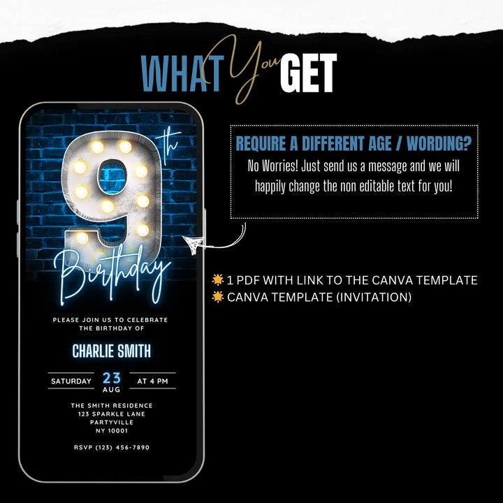 Neon Blue 9th Birthday Invitation | Digital Birthday Party Invite | Editable Canva Template