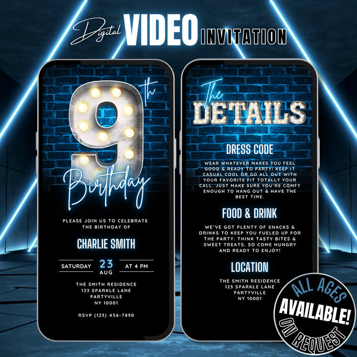 Blue 9th Birthday Invitation | Boys Bday Video Invite | Digital Editable Canva Template